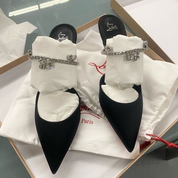 Christian Louboutin Planet Queen Crystal Embellished Satin Mule Pumps Black 39 - Picture 10 of 11